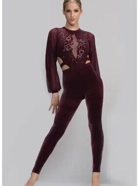 Weissman Which Witch Burgundy Velvet Sequins Long-Sleeve Sequin Jumpsuit